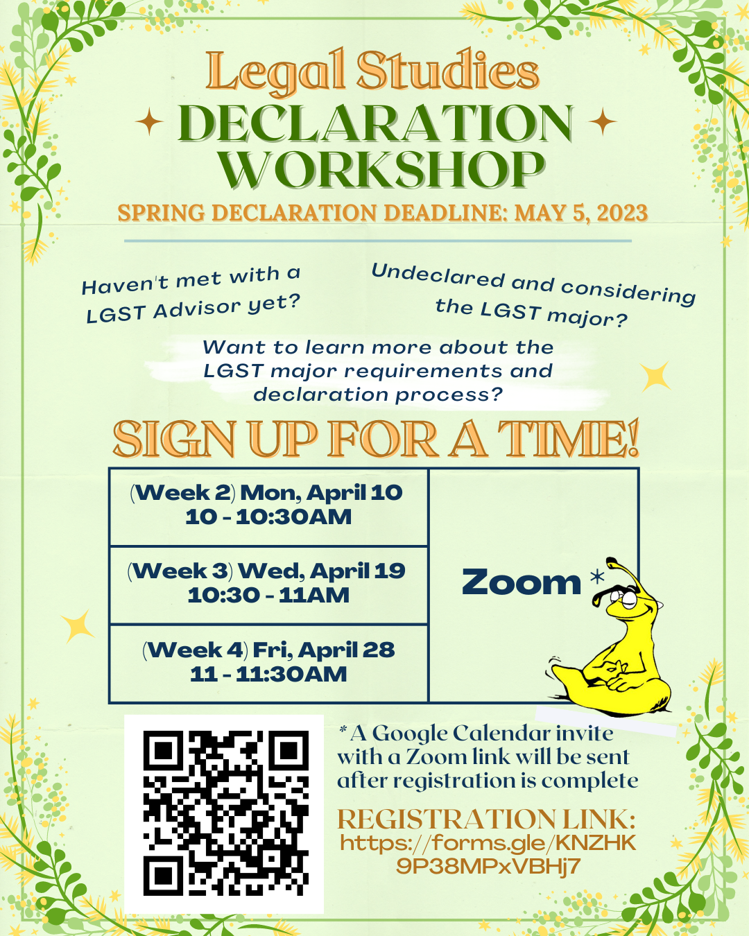 Spring Quarter 2023 Declaration Workshop poster with dates and QR code for registration.